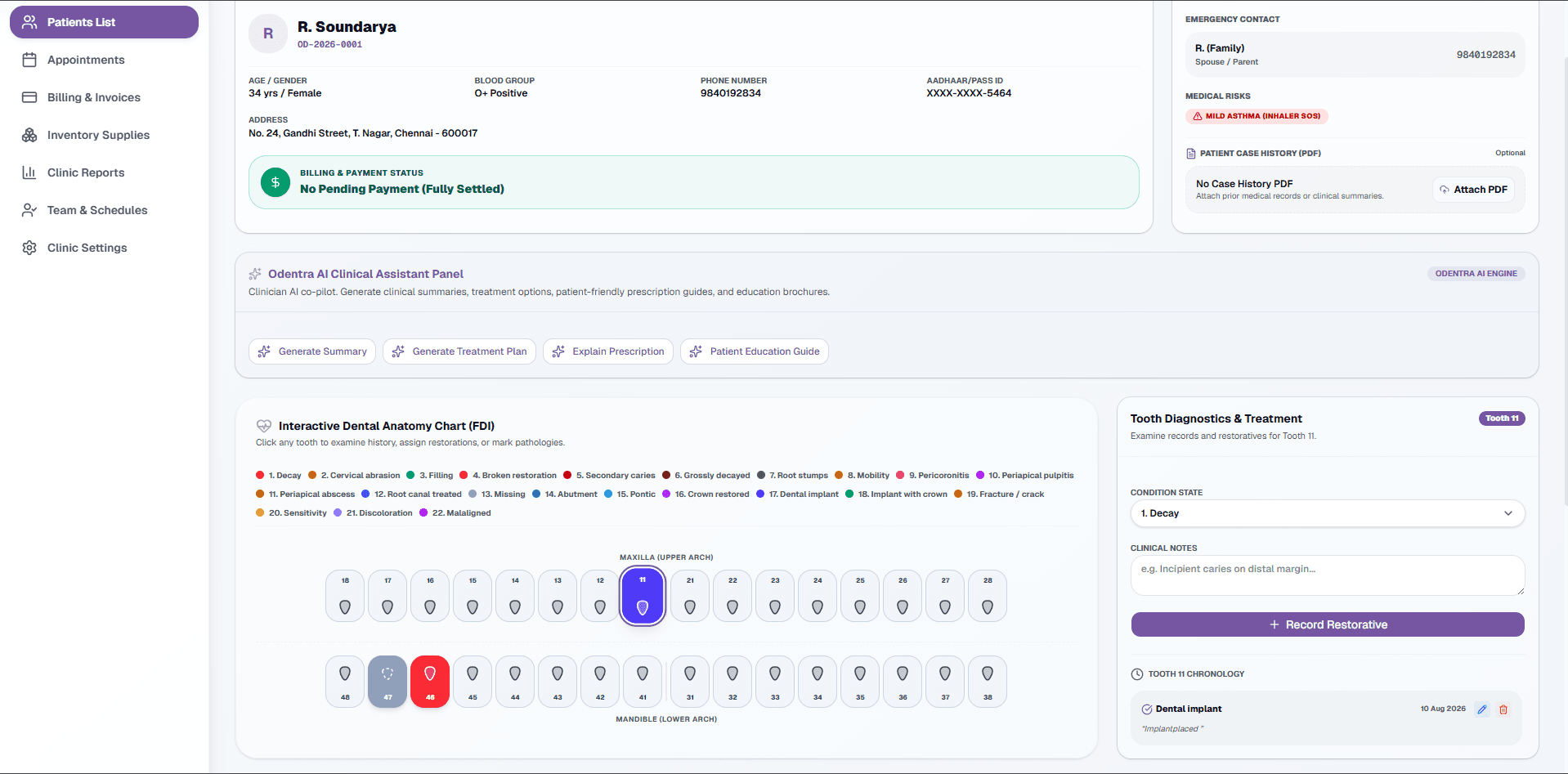 Odentra Interactive 32-Tooth FDI Dental Charting